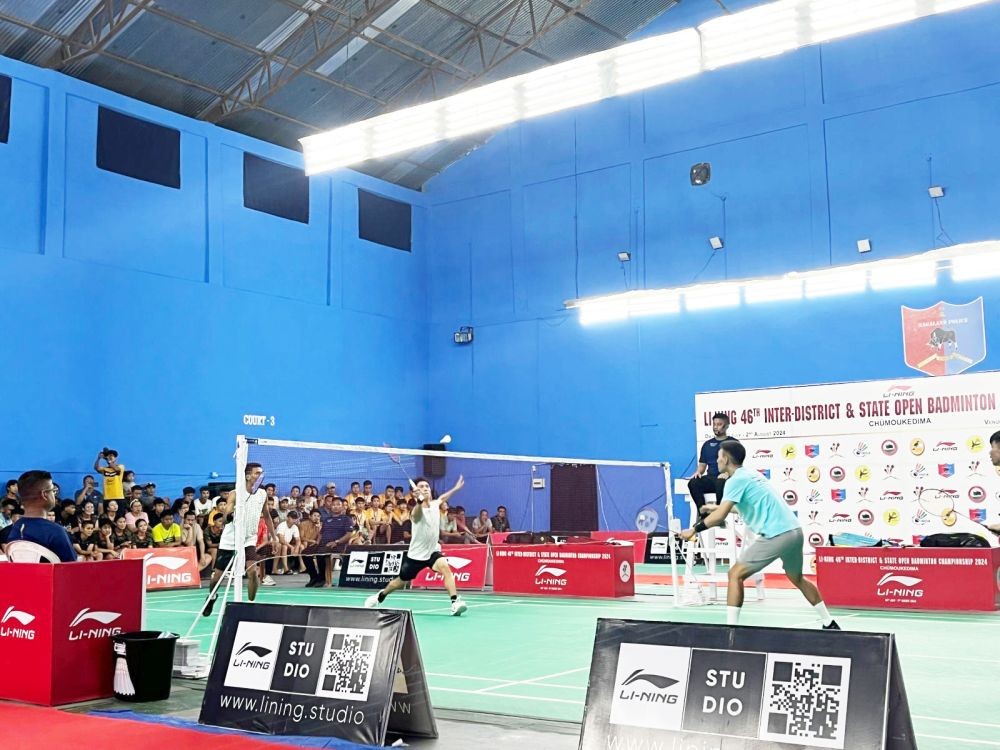 Players in action during the Li-Ning46th Inter-district & State Open Badminton Championship 2024at K Kire Badminton stadium, Chümoukedima Police Complex on August 2. (Morung Photo)